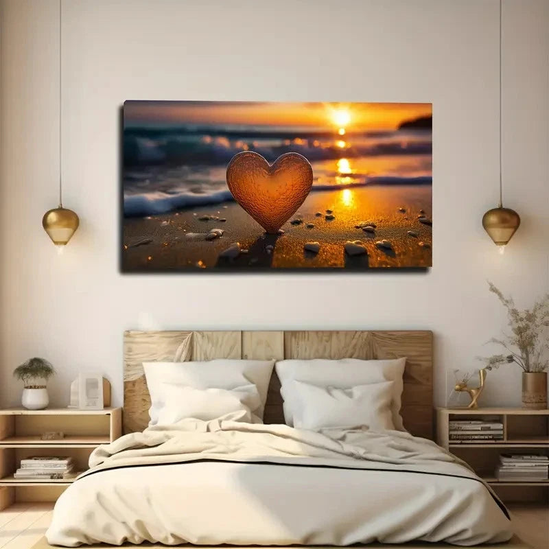 Beach Heart Waves Wall Art Canvas Office Home Room Framed 120x60cm