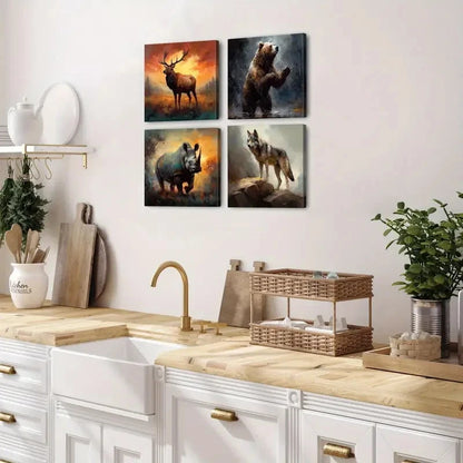 4pcs Rustic Wild Animal Wall Art Canvas Framed