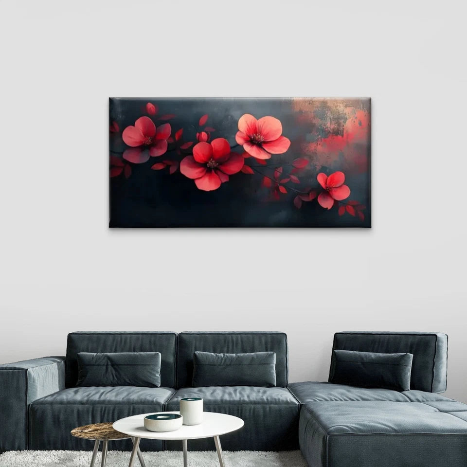 Red Flowers On A Black Wall Art Canvas Office Home Room Framed 120x60cm