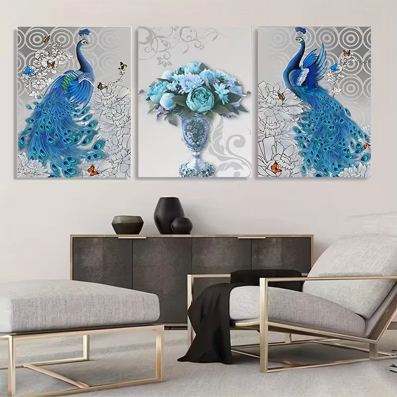 3pcs Blue Peacock Elegant Flower Bouquet Vase  Wall Art Set Canvas Framed 40x60cm - High Quality Print 100% Australian Made Wall Canvas Ready to Hang - Bella Home Decor