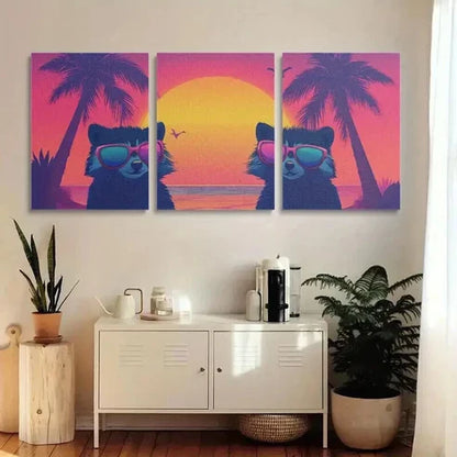 3pcs Raccoons in Fashion Glasses Beach Sunset Wall Art Set Canvas Unframed - High Quality Print 100% Australian Made Wall Canvas