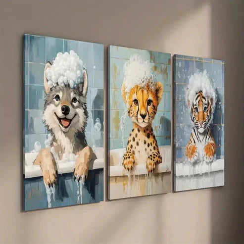 3pcs Cute Wolf Cheetah Tiger in Bubble Bath Wall Art Set Canvas Unframed - High Quality Print 100% Australian Made Wall Canvas - Bella Home Decor