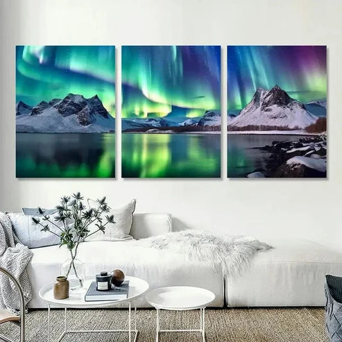 3pcs Aurora Borealis Mountains Lake Wall Art Set Canvas Unframed - High Quality Print 100% Australian Made Wall Canvas - Bella Home Decor