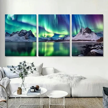 3pcs Aurora Borealis Mountains Lake Wall Art Set Canvas Unframed - High Quality Print 100% Australian Made Wall Canvas - Bella Home Decor