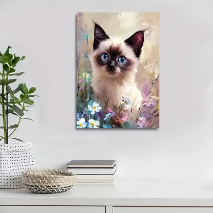 Cute Siamese Kitten with Flowers and Plants Painting 40x60cm Metal Print Ready to Hang - Bella Home Decor