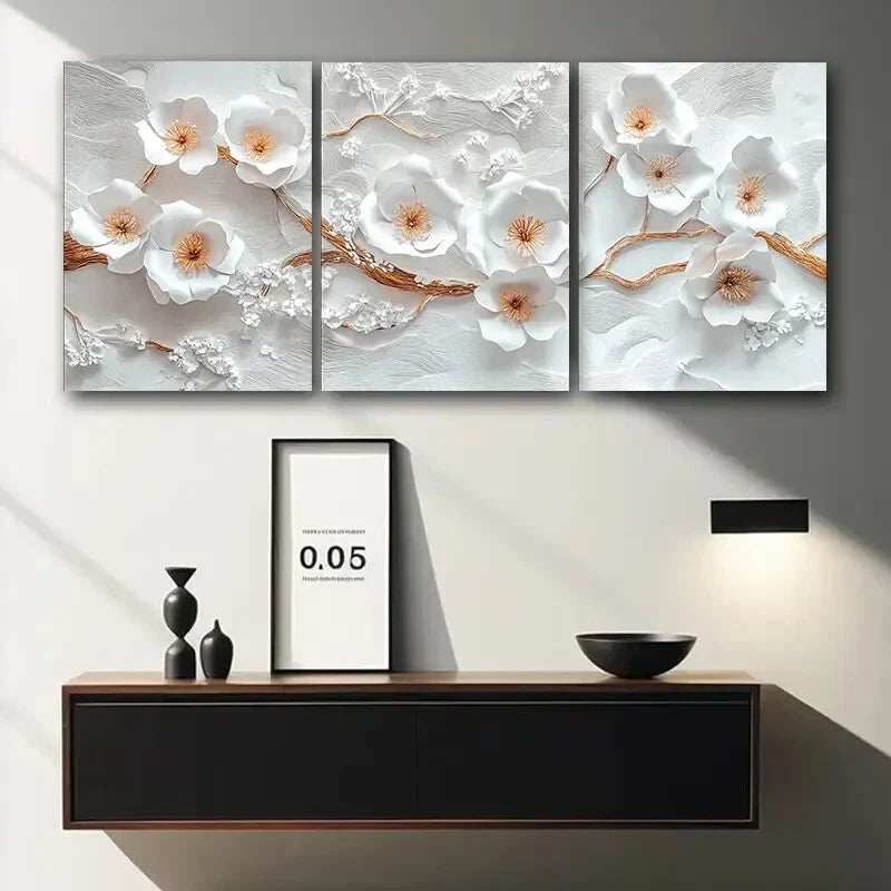3pcs Elegant White Flower Tree Classic & Modern Metal Print Ready to Hang Art - Bella Home Decor
