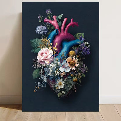 Vibrant Anatomical Heart with Dark Florals Metal Print Ready to Hang