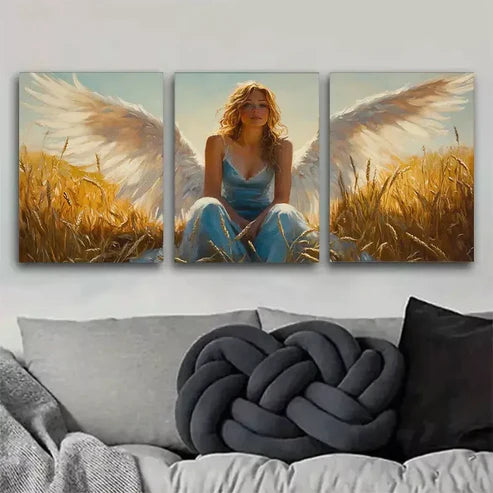 3pcs Graceful Angel in Wheat Field Triptych Wall Art Set Wall Art Canvas Unframed - High Quality Print 100% Australian Made Wall Canvas