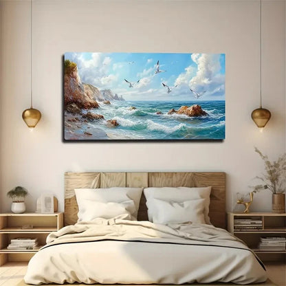 Seagulls By The Ocean Décor Wall Art Canvas Office Home Room Framed 120x60cm