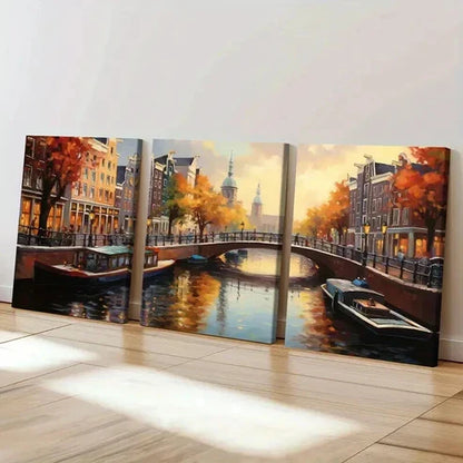 3pcs Autumn Canal Bridge Architecture Wall Art Canvas Unframed - High Quality Print 100% Australian Made Wall Canvas - Bella Home Decor