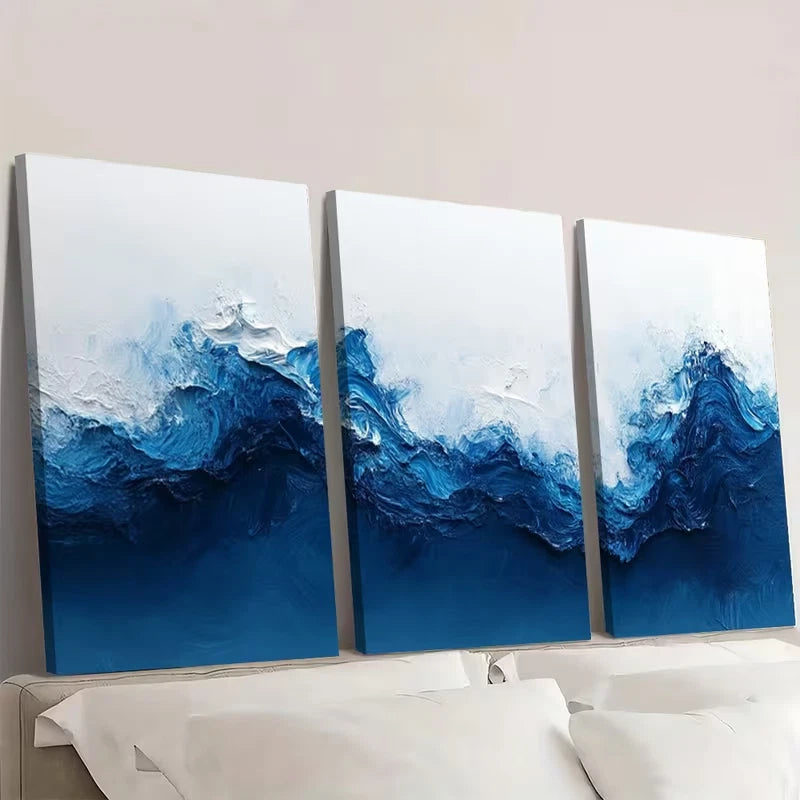 3pcs Blue & White Abstract Painting  Wall Art Set Canvas Framed 60x90cm - High Quality Print 100% Australian Made Wall Canvas Ready to Hang - Bella Home Decor