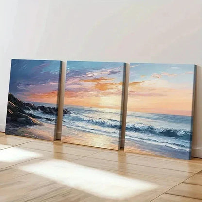 3pcs Sunset Ocean Rocks Sky Nature Wall Art Canvas Unframed - High Quality Print 100% Australian Made Wall Canvas