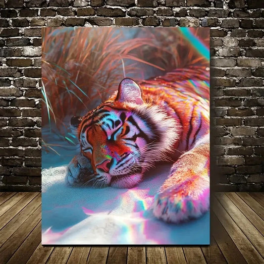Cyberpunk Tiger Rolling on Grass Rainbow Painting 40x60cm Metal Print Ready to Hang - Bella Home Decor