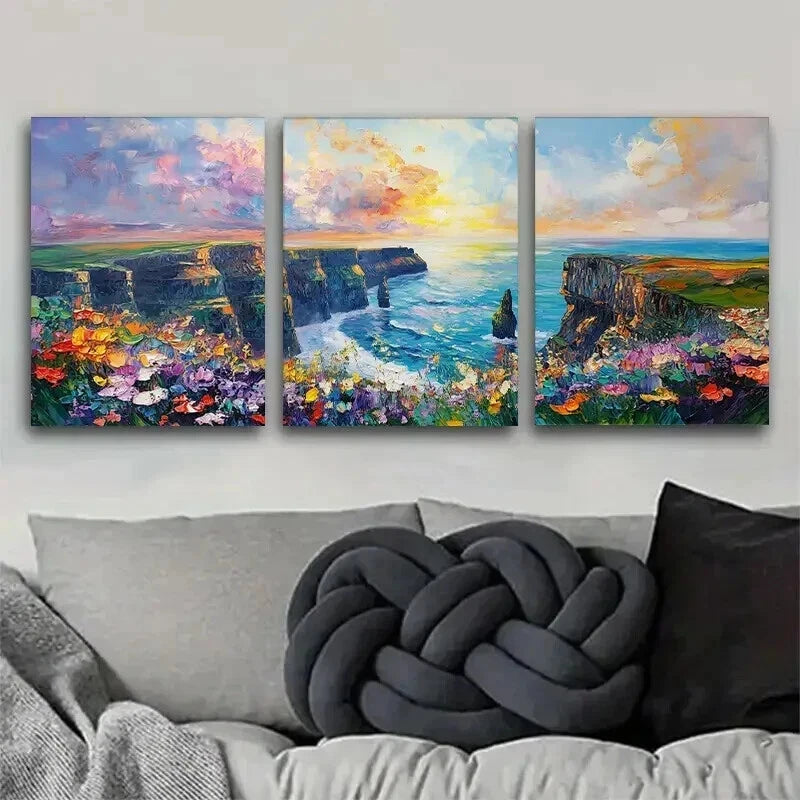 3pcs Cliffs by Sea with Colorful Flower Perfect Wall Art Set Canvas Framed 40x60cm - High Quality Print 100% Australian Made Wall Canvas Ready to Hang - Bella Home Decor