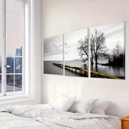 3pcs Black And White Lakeside Wooden Walkway Canvas Unframed - High Quality Print 100% Australian Made Wall Canvas