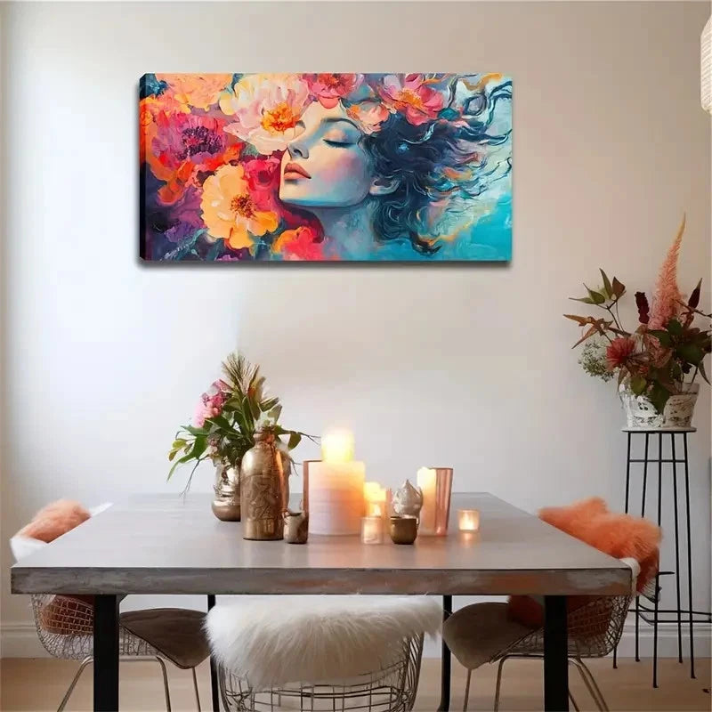 Vibrant Girl & Flowers Design Wall Art Canvas Office Home Room Framed 120x60cm