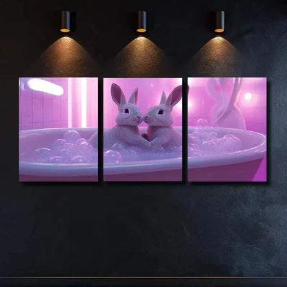 3pcs Charming Rabbits in Bathtub Wall Art Set Canvas Framed 50x70cm - High Quality Print 100% Australian Made Wall Canvas Ready to Hang