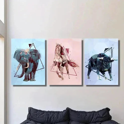 3pcs Elephant Horse Bull in Geometric Style Wall Art Set Canvas Unframed - High Quality Print 100% Australian Made Wall Canvas