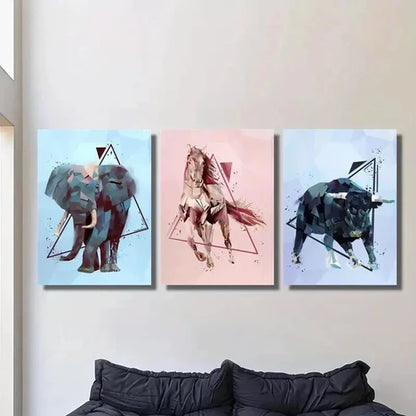 3pcs Elephant Horse Bull in Geometric Style Wall Art Set Canvas Unframed - High Quality Print 100% Australian Made Wall Canvas
