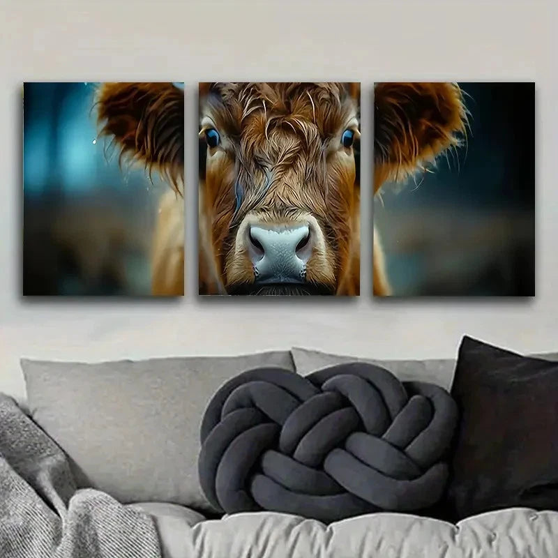 3pcs Majestic Brown Cow Portrait Wall Art Set Canvas Framed 50x70cm - High Quality Print 100% Australian Made Wall Canvas Ready to Hang