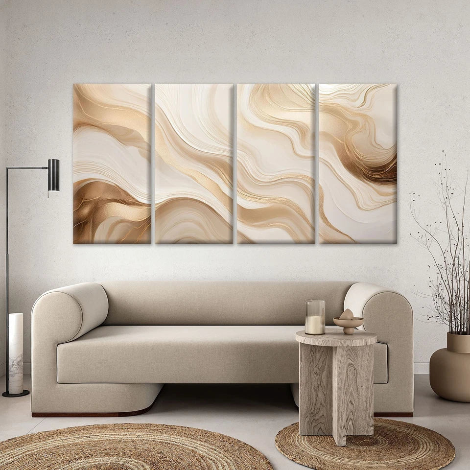 4pcs Gold and Cream Fluid Marble Textured Wall Art Canvas Framed 45x80cm - High Quality Print 100% Australian Made Wall Canvas Ready to Hang