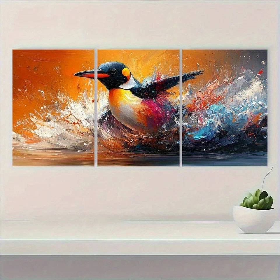 3pcs Penguin Colour Splash Animal Abstract Metal Print Ready to Hang Art - Bella Home Decor