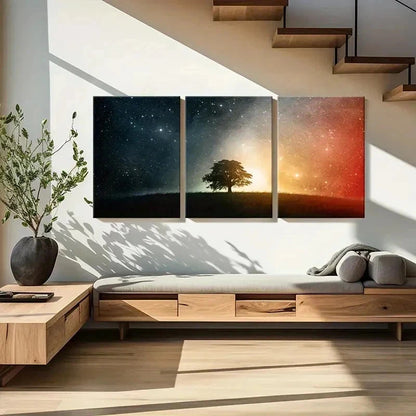 3pcs Trees Under The Stars Night View  Wall Art Set Canvas Framed 50x70cm - High Quality Print 100% Australian Made Wall Canvas Ready to Hang