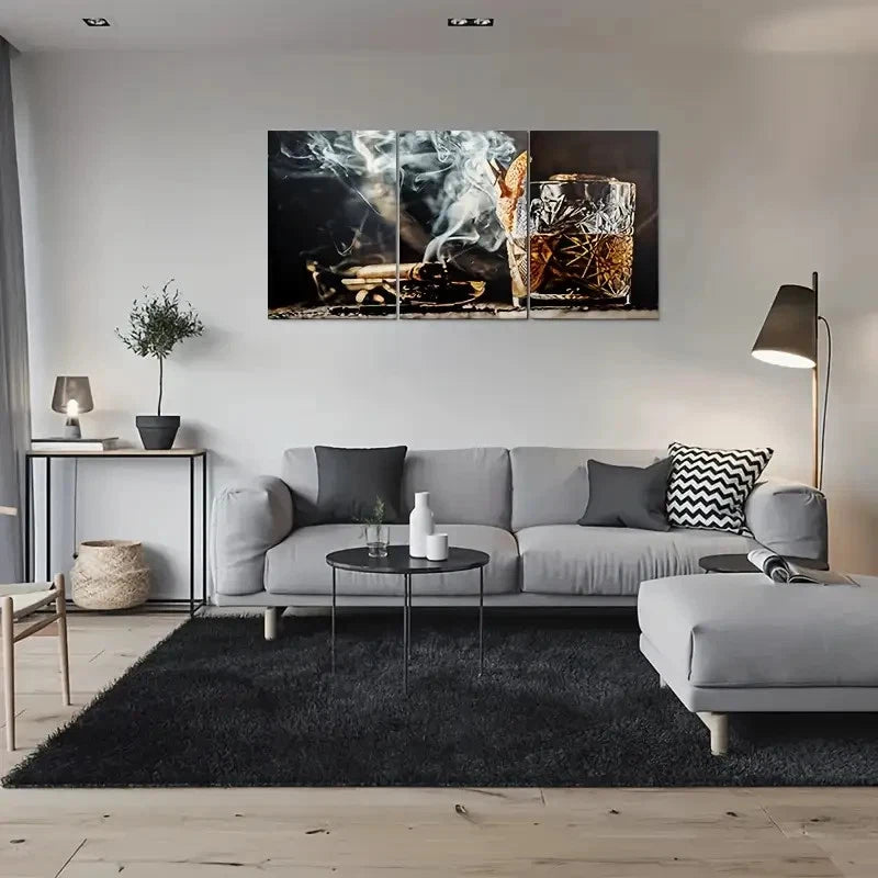 3pcs Smoky Elegance Whiskey and Cigar Metal Print Ready to Hang Art