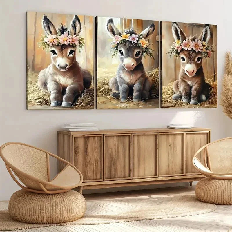 3pcs Cute Baby Big Eyes Donkey Florals & Leaves Wall Art Set Canvas Unframed - High Quality Print 100% Australian Made Wall Canvas - Bella Home Decor