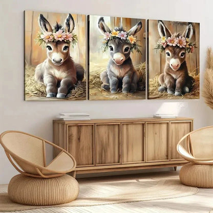 3pcs Cute Baby Big Eyes Donkey Florals & Leaves Wall Art Set Canvas Unframed - High Quality Print 100% Australian Made Wall Canvas - Bella Home Decor