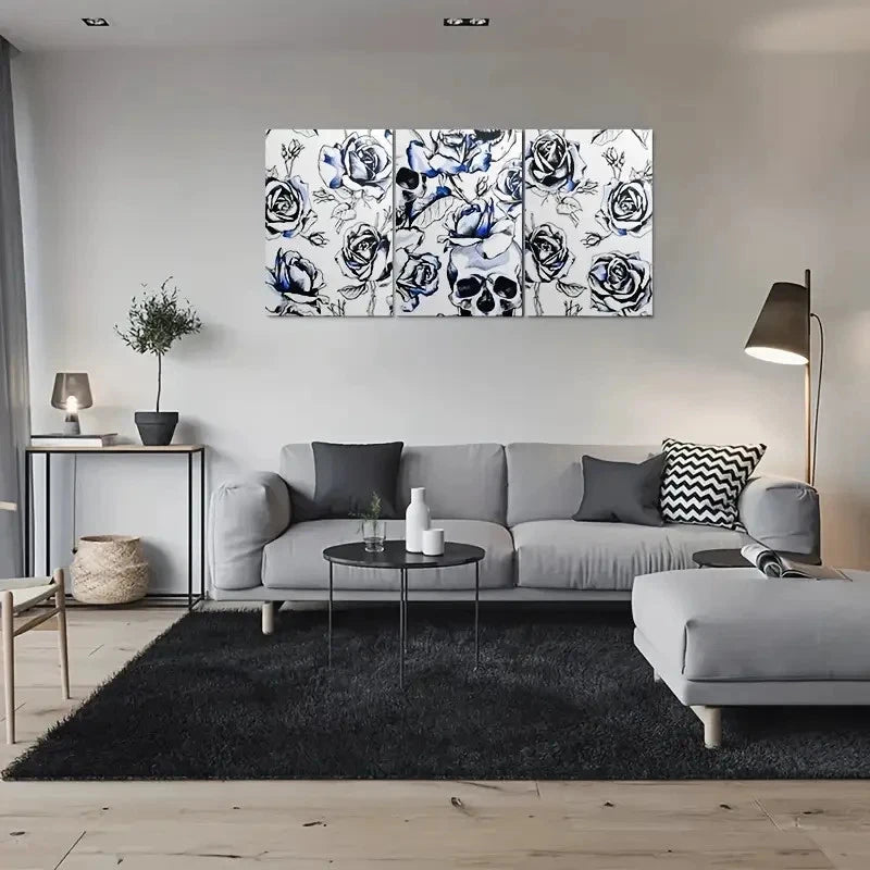 3pcs Blue and White Rose Skull Gothic Floral Metal Print Ready to Hang Art - Bella Home Decor