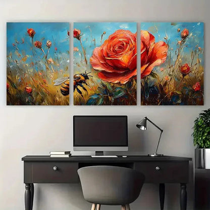 3pcs Red Rose Dog Floral Impasto Meadow – Wall Art Canvas Unframed – High Quality Print 100% Australian Made Wall Canvas