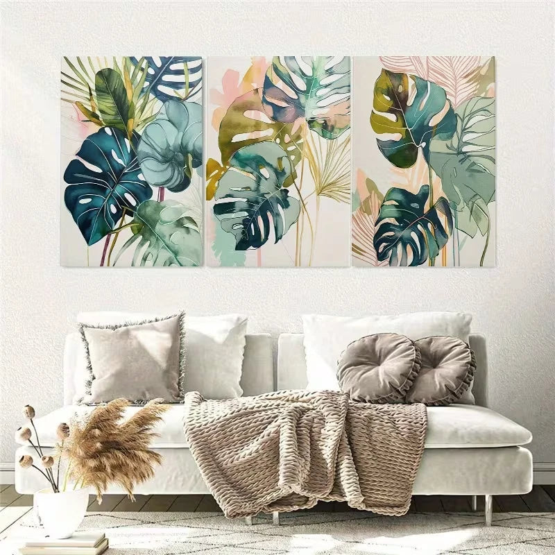 3pcs Watercolor Green Palm Leaf Design Wall Art Set Canvas Framed 60x90cm – High Quality Print 100% Australian Made Wall Canvas Ready to Hang