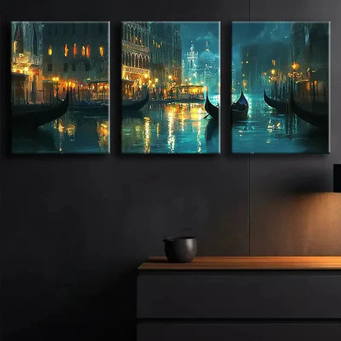 3pcs Venetian Grand Canal Night Moon Perfect Wall Art Set Canvas Unframed - High Quality Print 100% Australian Made Wall Canvas
