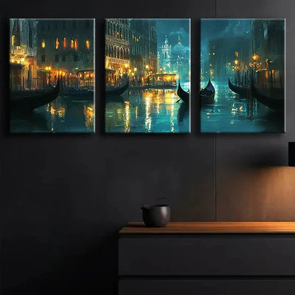 3pcs Venetian Grand Canal Night Moon Perfect Wall Art Set Canvas Unframed - High Quality Print 100% Australian Made Wall Canvas