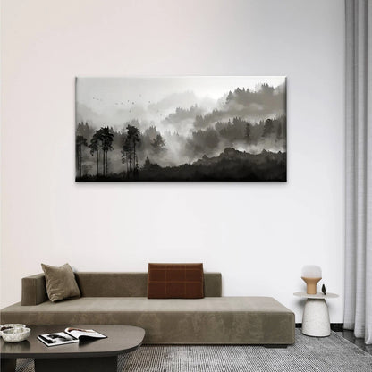 Black White Forest Misty Wall Art Canvas Office Home Room Framed 120x60cm