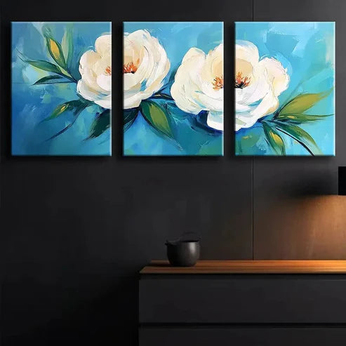3pcs White Flowers with Blue Leaves Floral Décor Wall Art Set Canvas Unframed - High Quality Print 100% Australian Made Wall Canvas