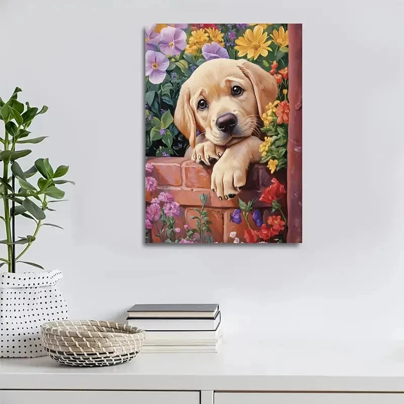 Adorable Labrador Puppy & Floral Garden Painting 40x60cm Metal Print Ready to Hang - Bella Home Decor