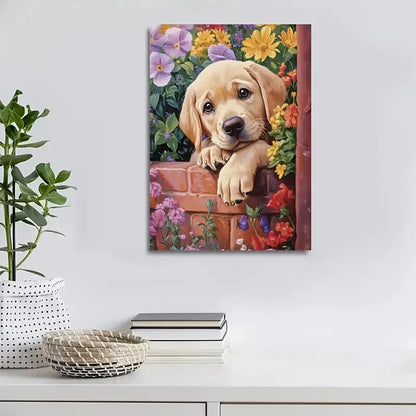 Adorable Labrador Puppy & Floral Garden Painting 40x60cm Metal Print Ready to Hang - Bella Home Decor
