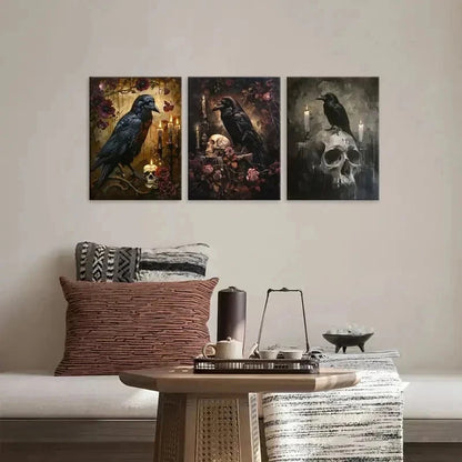 3pcs Crow Skull  Wall Art Canvas    Wall Art Set Canvas Framed 60x90cm - High Quality Print 100% Australian Made Wall Canvas Ready to Hang - Bella Home Decor