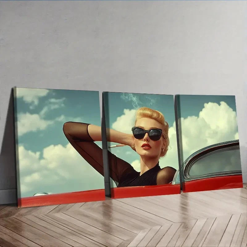 3pcs a Woman in Black Glasses Leaning Wall Art Set Canvas Framed 40x60cm - High Quality Print 100% Australian Made Wall Canvas Ready to Hang - Bella Home Decor