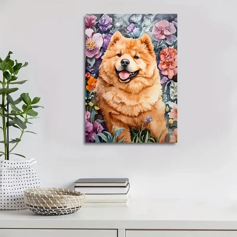 Adorable Chow Chow Dog with Vibrant Flowers Painting 40x60cm Metal Print Ready to Hang