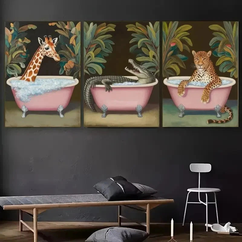 3pcs Pink Bathtubs , Tropical Leaves, Bubbles Wall Art Set Canvas Framed 60x90cm - High Quality Print 100% Australian Made Wall Canvas Ready to Hang