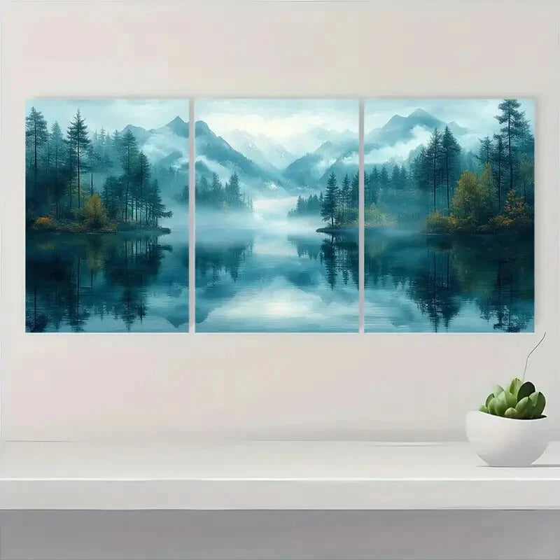 3pcs Serene Misty Mountain Lake Scene Metal Print Ready to Hang Art - Bella Home Decor