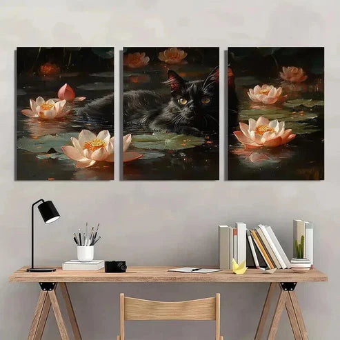 3pcs Black Cat Swimming in Lotus Pond Wall Art Canvas Unframed - High Quality Print 100% Australian Made Wall Canvas - Bella Home Decor