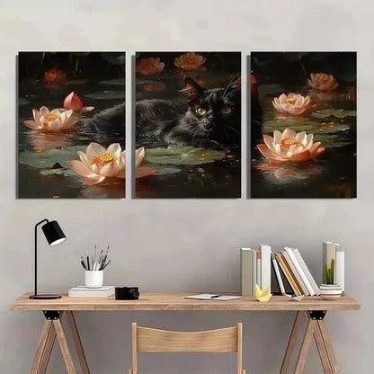 3pcs Black Cat Swimming in Lotus Pond Wall Art Canvas Unframed - High Quality Print 100% Australian Made Wall Canvas - Bella Home Decor