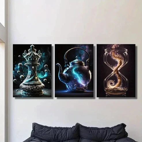 3pcs Magic Container Chess Timer Teapot Wall Art Set Canvas Unframed - High Quality Print 100% Australian Made Wall Canvas