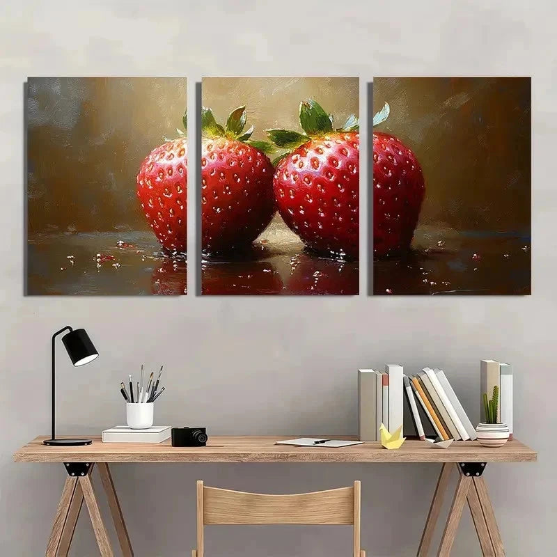 3pcs Vibrant Strawberry Realistic Perfect Wall Art Set Canvas Framed 50x70cm - High Quality Print 100% Australian Made Wall Canvas Ready to Hang
