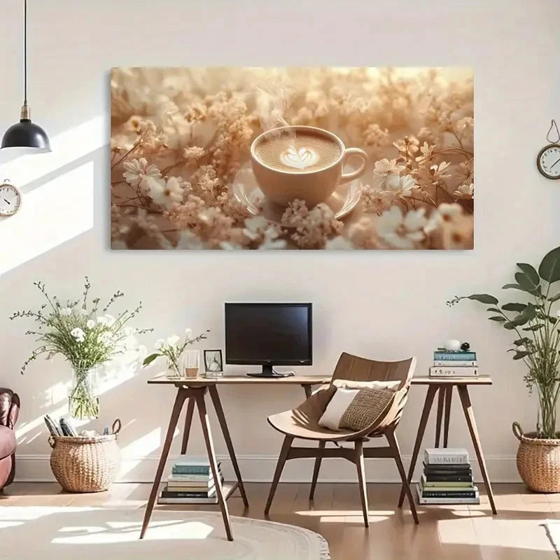 Coffee & Floral Warm Steam Wall Art Canvas Office Home Room Framed 120x60cm - Bella Home Decor
