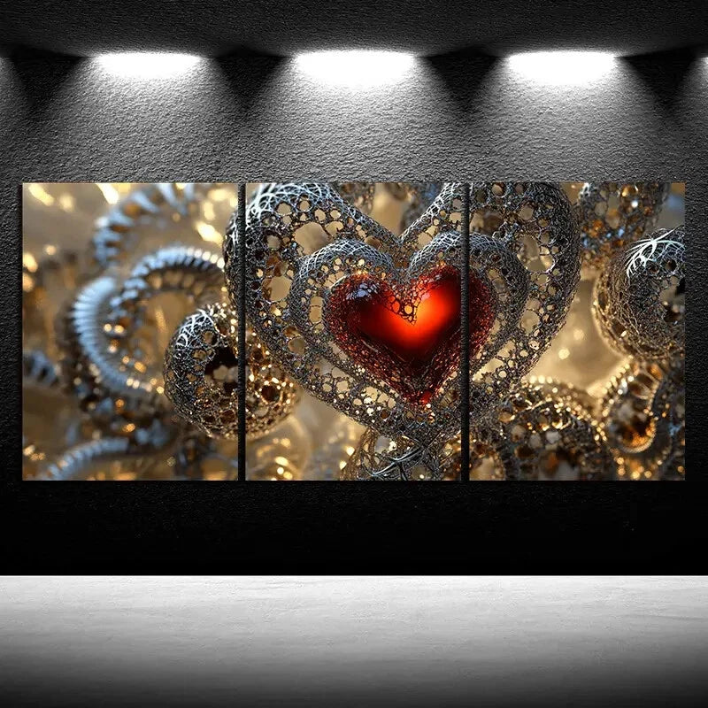 3pcs Love Themed Red Heart Silver Themed Metal Print Ready to Hang Art - Bella Home Decor